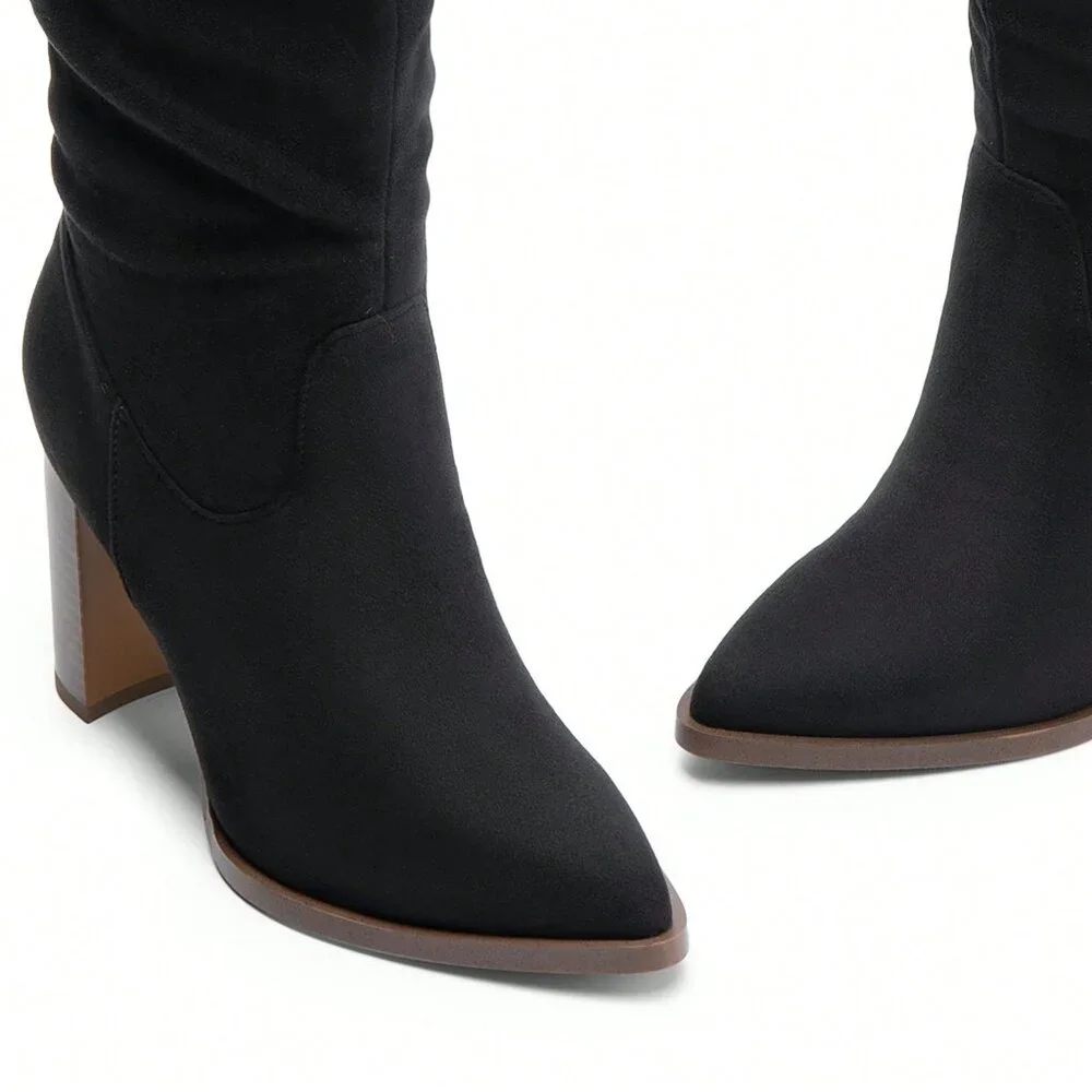 Black Elegant Women's Knee-High Pointed Toe Chunky Block Heel Suede With Side Zi - Picture 9 of 10